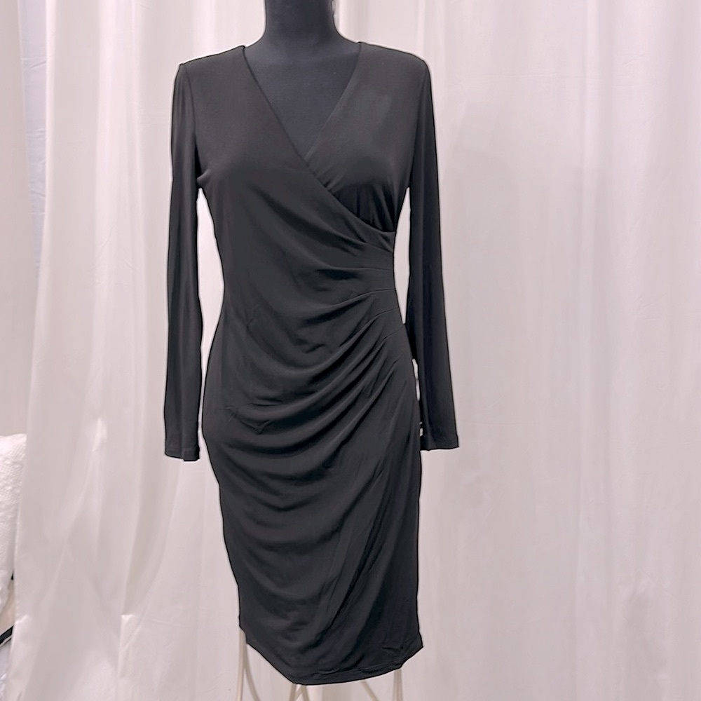 Calvin Klein Classic Black Midi Dress V-Neck Sweeping Side Pleating SIZE 6